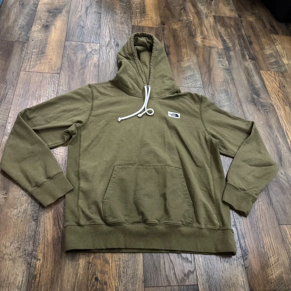 The North Face Mens L Olive Green Pullover Hoodie Logo Patch Sweatshirt Gorpcore